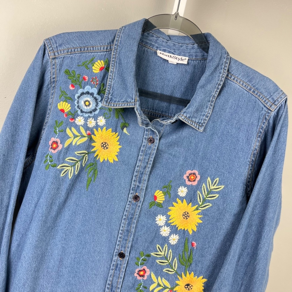 North Style Retro Embroidered Denim Shirt Top Womens XL Floral Boho Cottage